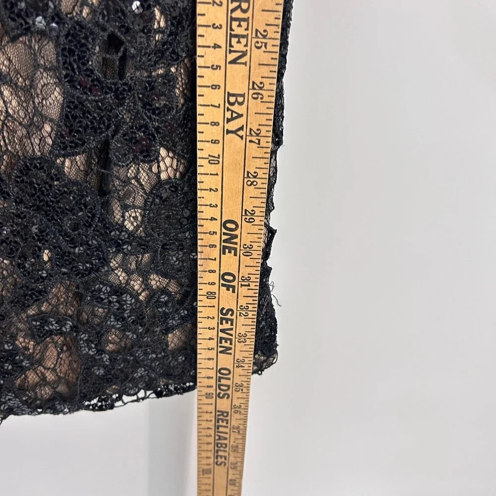 Rina di Montella Black Lace Sequin Cocktail Dress 10 Illusion Mesh Beaded Formal